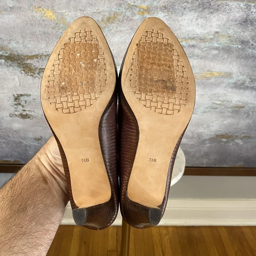 Cole Haan Shoes Womens Size 7.5 Brown Leather Round Toe High Heel Textured Pumps
